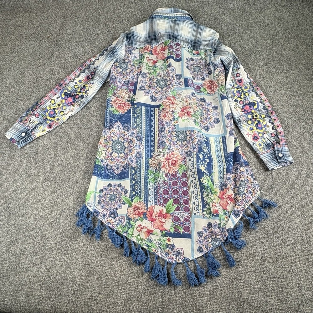 Andree by Unit Boho Tunic Top M Blue Plaid‎ Floral Embroidered Patchwork Tassels - Picture 9 of 14